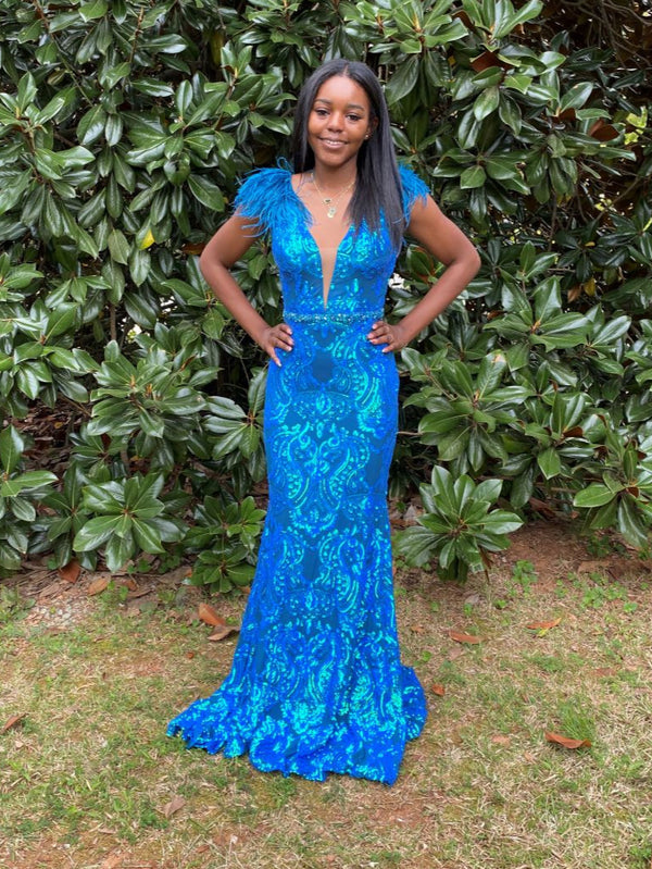 JOVANI 38758 Sequin Mesh Sheath Dress with V-Neckline and Feather Shoulder Detail - Royal or Lilac
