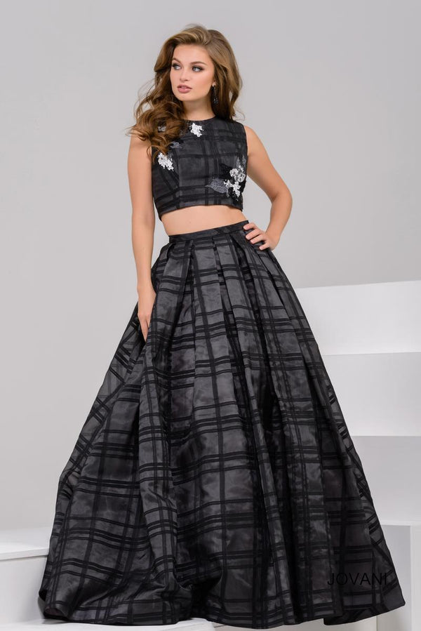 JOVANI 40387 Black Charcoal Grey Plaid 2 Piece A-Line Dress