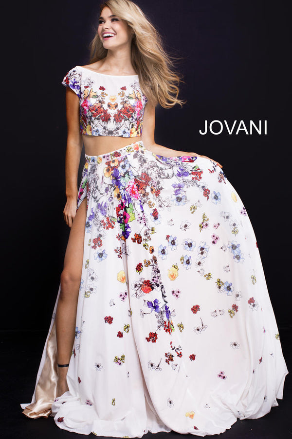 JOVANI 55272 White Floral Print 2 Piece Dress - Size 00