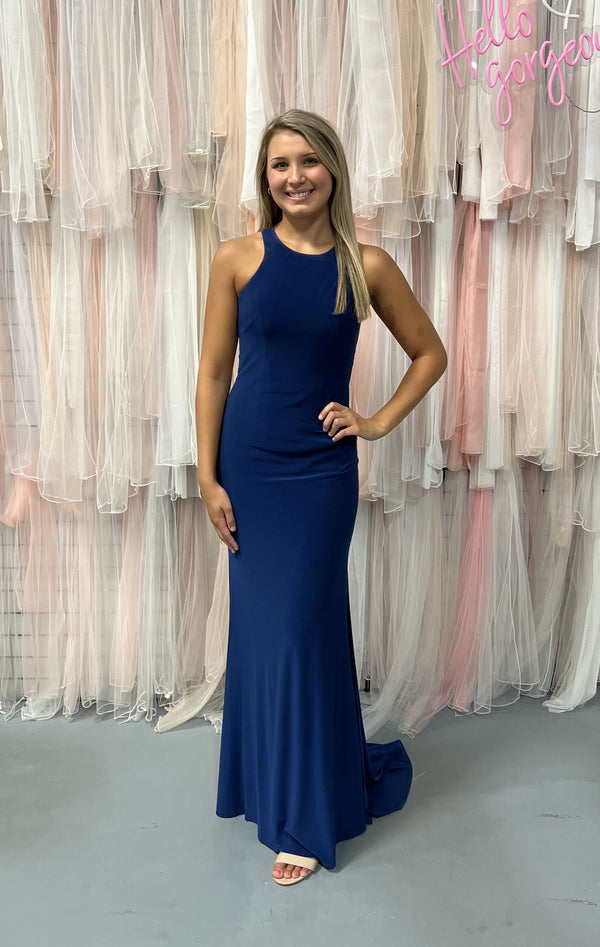 Lucci Lu 981028 Royal High Neck Lace Up Back Jersey Fitted Dress