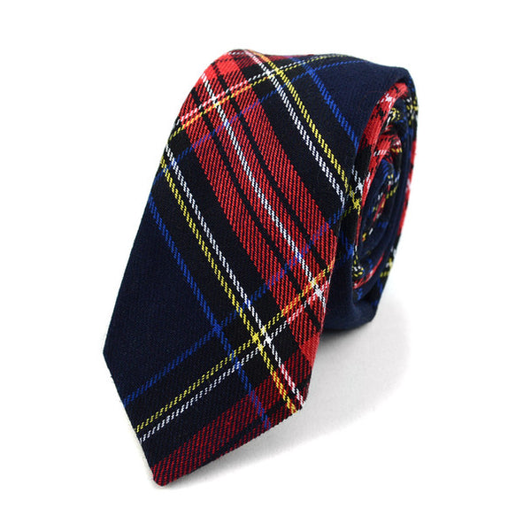 Navy and Red Plaid Flannel Cotton Slim Tie