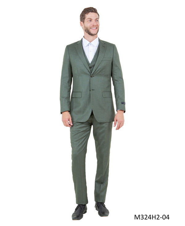 Olive Green Three Piece Tazio Suit Matching Vest
