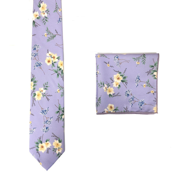 Lilac Floral Cotton Tie with Matching Pocket Square Set