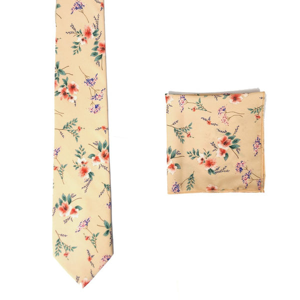 Sand Beige Cotton Floral Tie with Matching Pocket Square Set