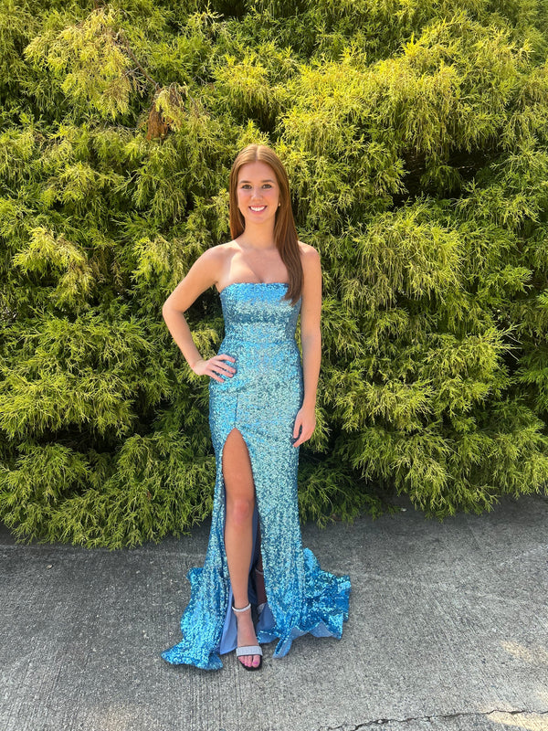 Portia & Scarlet PS22378 Strapless Sequin Dress with Slit - Hot Pink, Yellow, Blue or Lilac