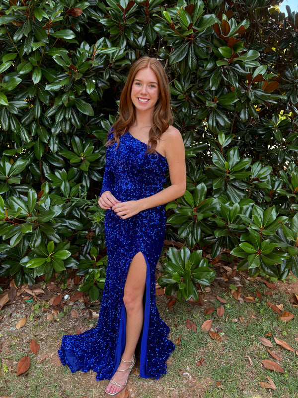 Portia & Scarlet PS22666 Fitted One Long Sleeve Sequin Dress with Train - Red, Cobalt Blue, Hot Pink, Lilac, Light Blue or Black