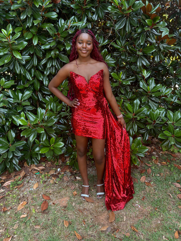 Portia & Scarlett PS23130 Sequined Mini Dress with Side Sash Train - Red or Black