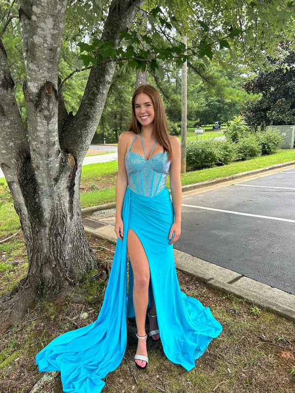 Portia & Scarlett PS23377 Sweetheart Jeweled Corset Bodice Dress with Train - Hot Pink or Blue