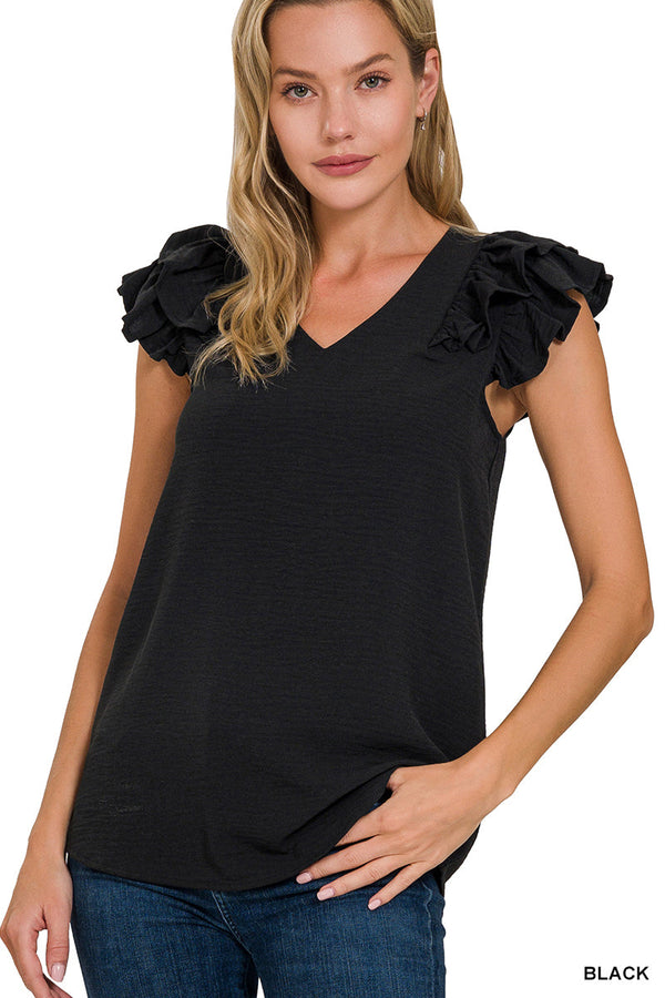Check You Out Black Ruffle Sleeve Top