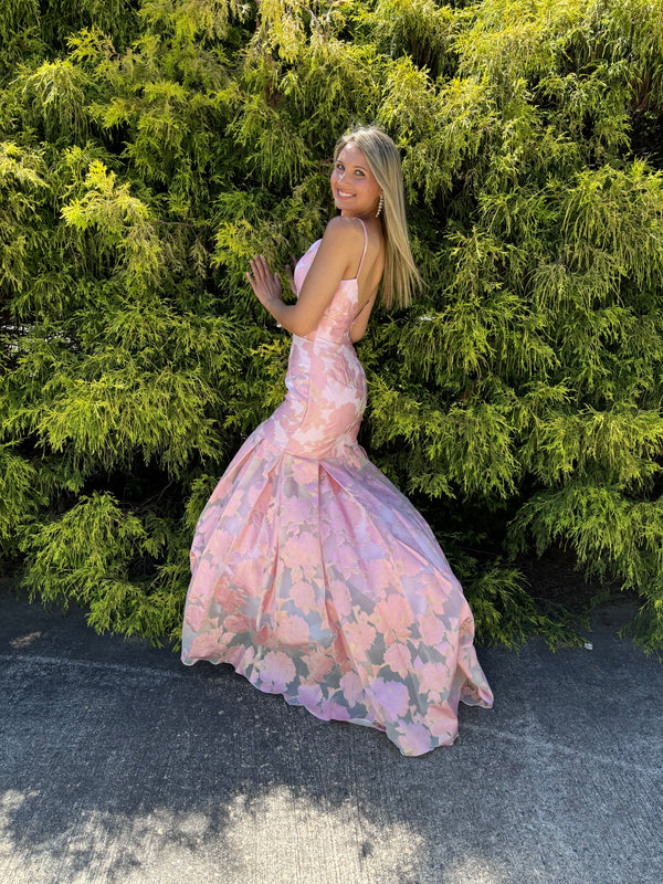 Rachel Allan 7087 Pink Floral Jacquard Mermaid Dress - Size 12