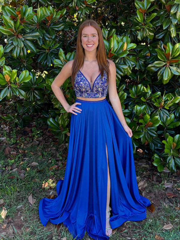 Rachel Allan 7209 Royal Blue Shimmer 2 Piece Dress with Slit