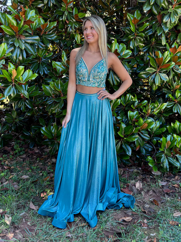 Rachel Allan 7209 Teal Shimmer 2 Piece A-Line Dress with Slit