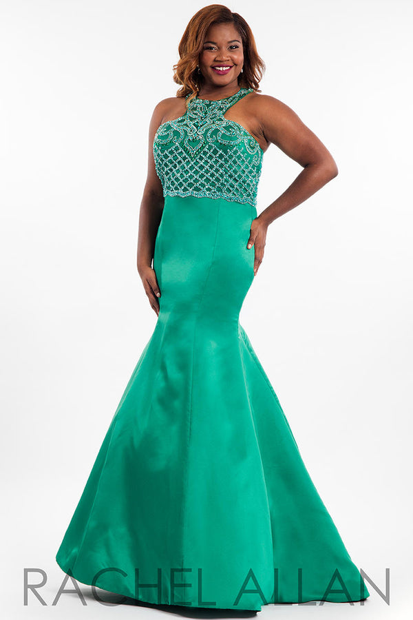 Rachel Allan 7834 Emerald Green Fit-N-Flare Halter Dress - Size 24 W