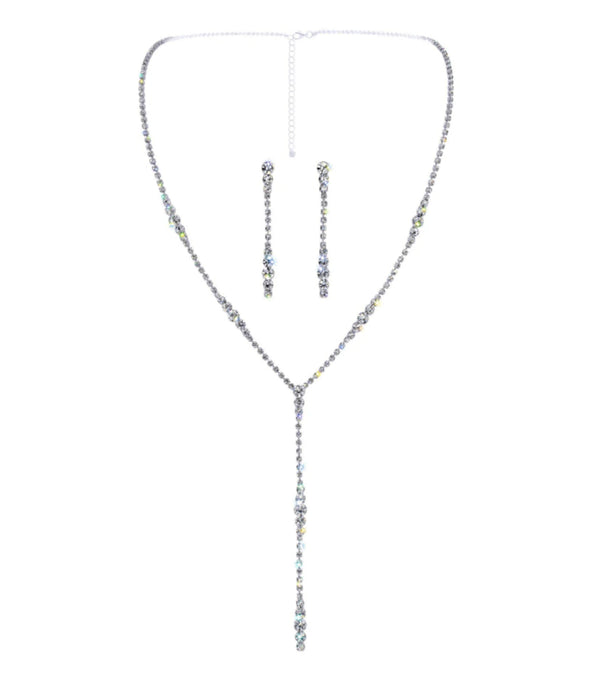 Silver plated clear rhinestone y-necklace set