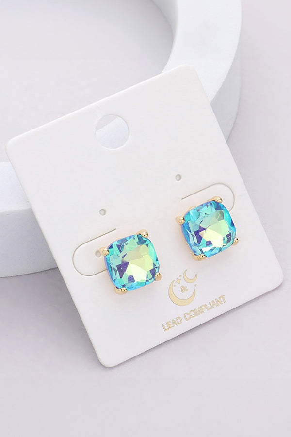 Cushion Square Stone Stud Earrings - Rose Pink, Fuchsia, Lavender AB, Blue AB, or Blue Violet