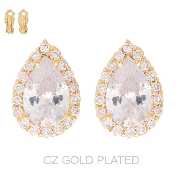 Cubic Zirconia Teardrop Halo Clip-on Stud Earrings - Gold or Silver