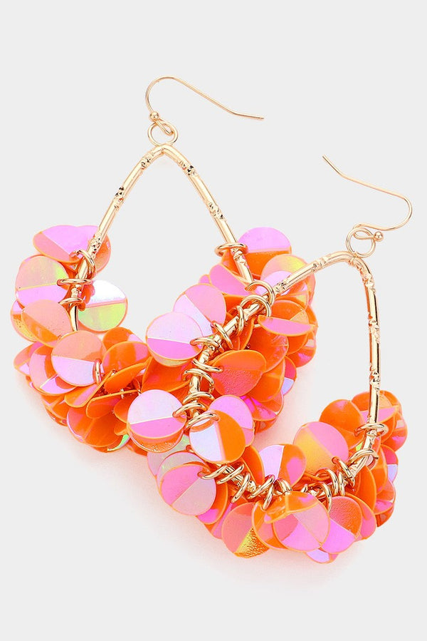Iridescent Sequin Fringe Teardrop Dangle Earrings - Bright Orange or Hot Pink