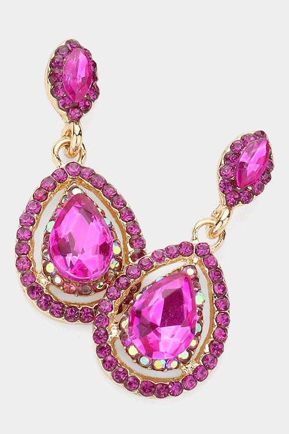Crystal Teardrop Gold Earrings - Fuchsia Pink or Iridescent AB