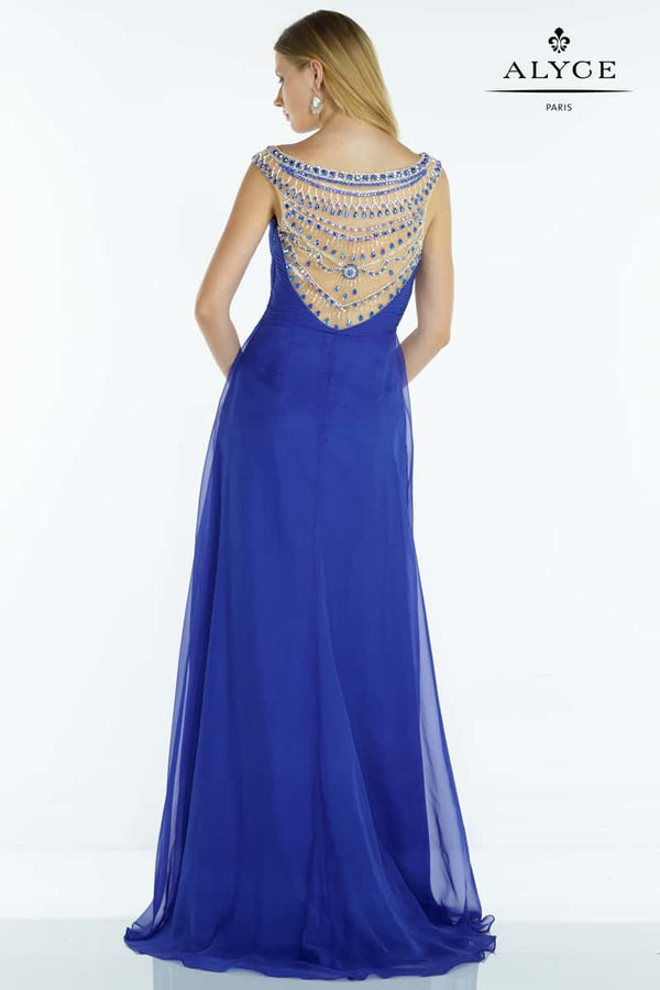 Alyce Paris 1120 Sapphire Blue Chiffon Dress with Stunning Beaded Illusion Back