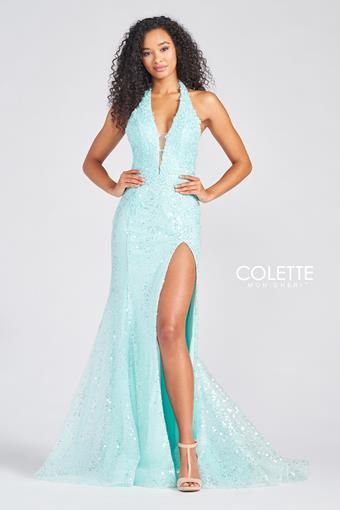 Colette 12234 Aqua Sequin Halter Fitted Dress with Slit - Size 0