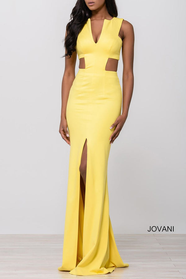 JOVANI 39348 Yellow Jersey V-Neck Dress with Side Cut Outs and Center Slit