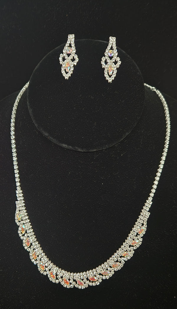 Petite Marquise Rhinestone Silver Necklace and Earring Set