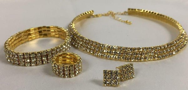 Gold Crystal Rhinestone 4 Piece Jewelry Set