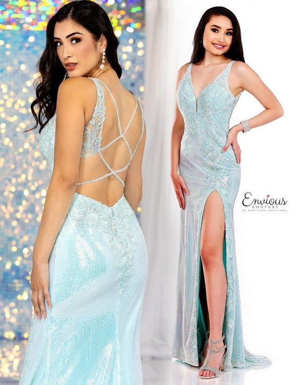 ENVIOUS Couture 1707 Mint Sequin Dress with Slit - Size 16
