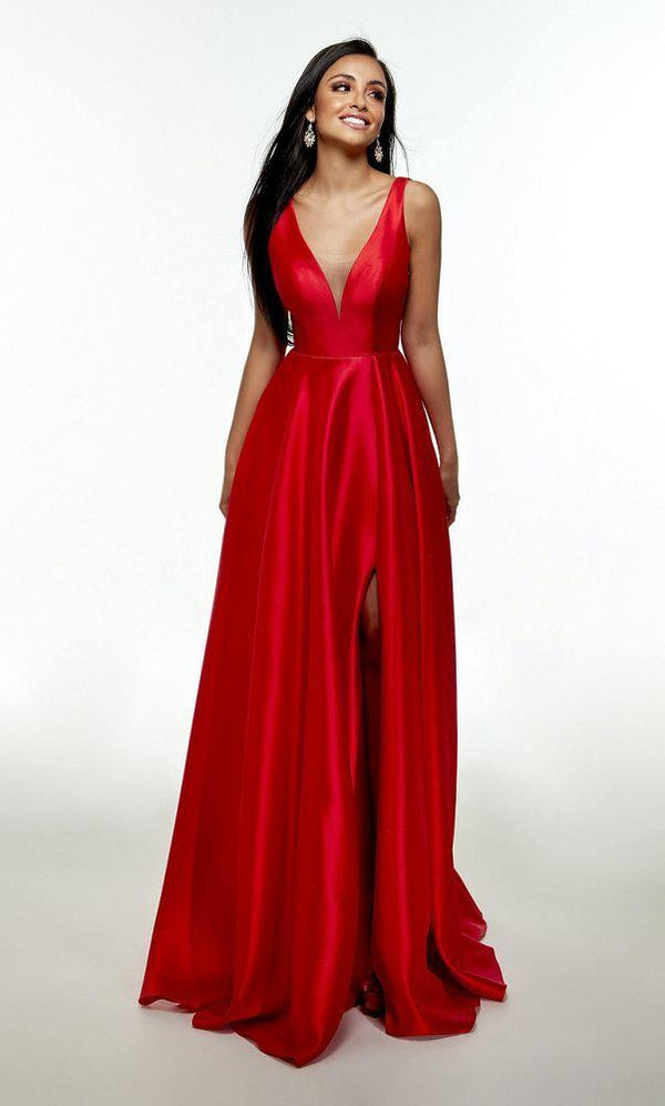 ALYCE Paris 1704 Red V-Neck Slim A-Line Dress with Slit