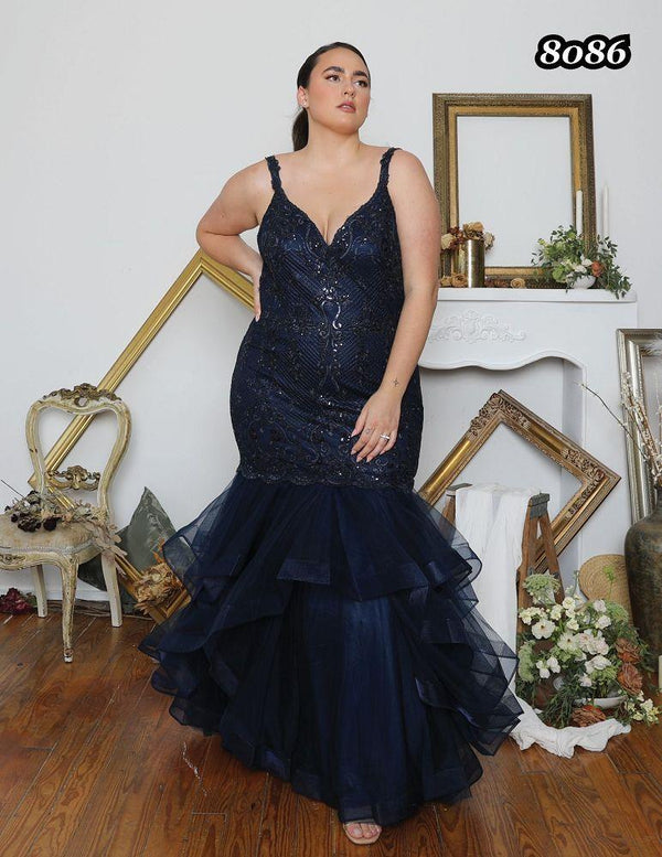 Athena Prom 8086 Marine Blue V-Neck Embroidered Lace Tulle Mermaid Dress - Size 28