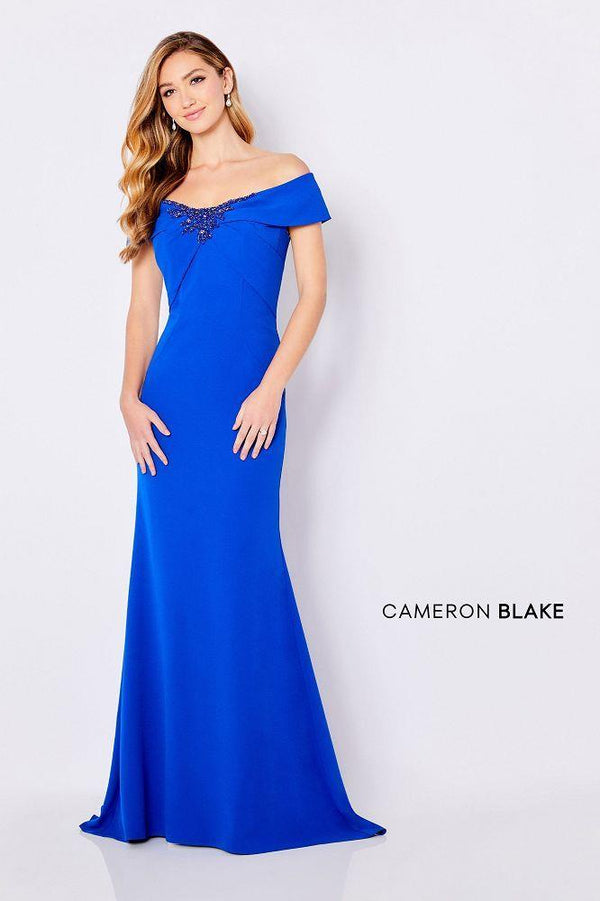 Cameron Blake 221691 Royal Blue Off Shoulder Luxe Crepe Fit-n-Flare Dress - Size 20