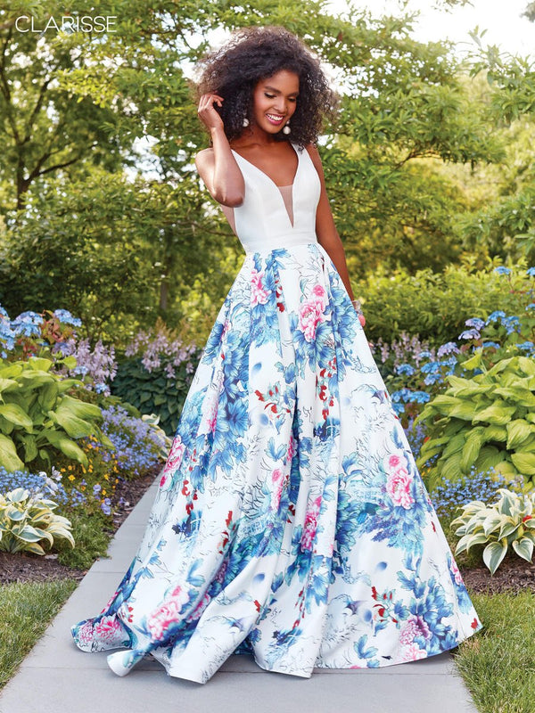 CLARISSE 3538 White & Multi Color Floral Print A-Line Dress
