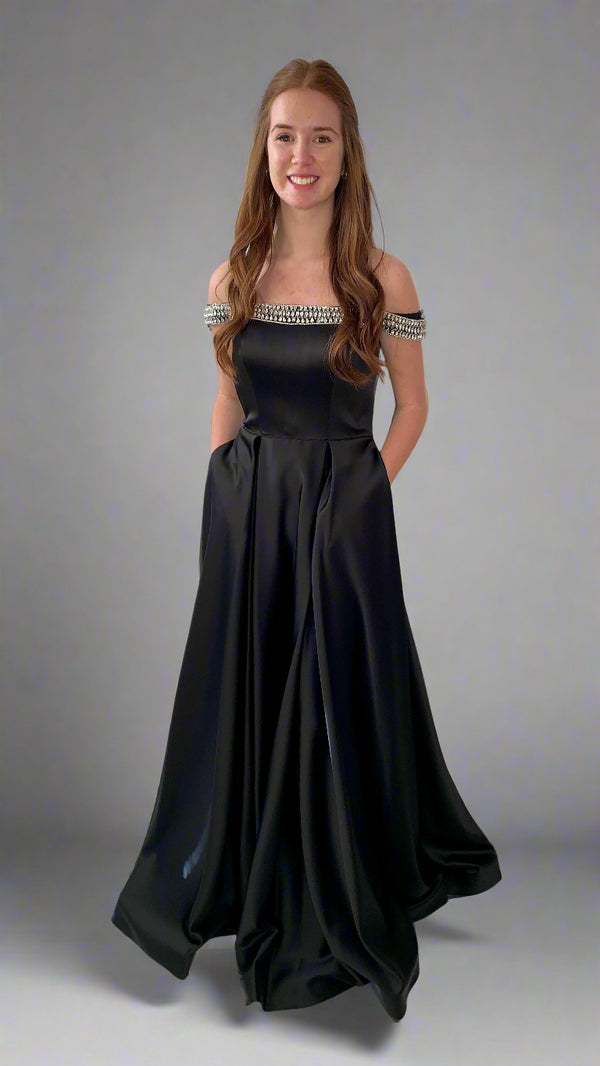 JVN by Jovani 2282 Black Off Shoulder Satin A-Line Dress - Size 0