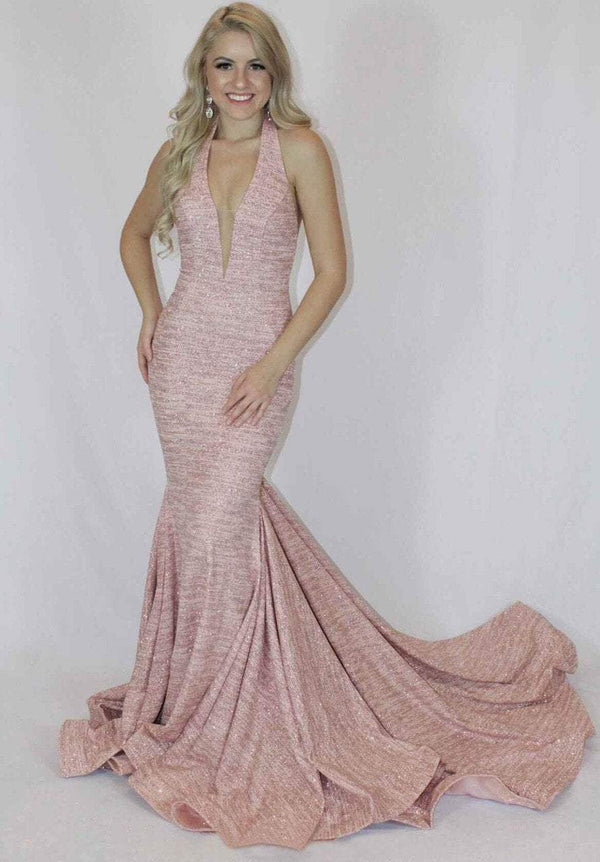 JOVANI 55414 Blush Halter Fit-n-Flare Glitter Jersey Dress - Size 12