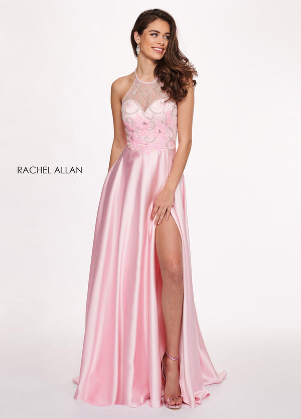 Rachel Allan 6487 Soft Pink Satin Illusion Halter A-Line Dress with Slit