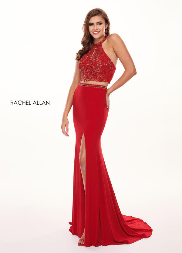 Rachel Allan 6641 Red Fitted 2 Piece Beaded Halter Dress with Slit