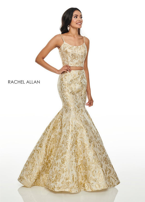 Rachel Allan 7050 Ivory Gold Metallic 2 Piece Mermaid Dress - Size 6