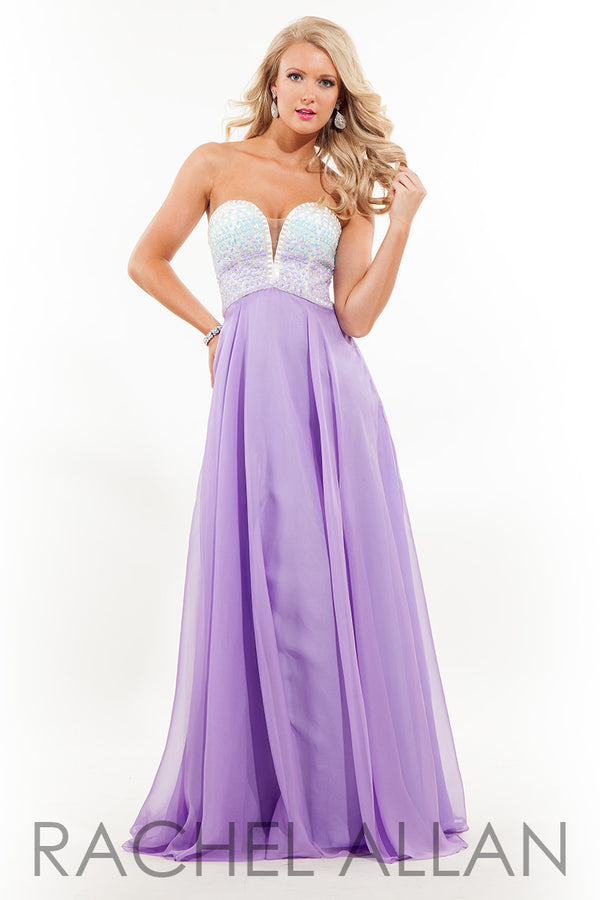 Rachel Allan 7130 White Lilac Ombre Beaded Bodice Slim A-Line Chiffon Dress