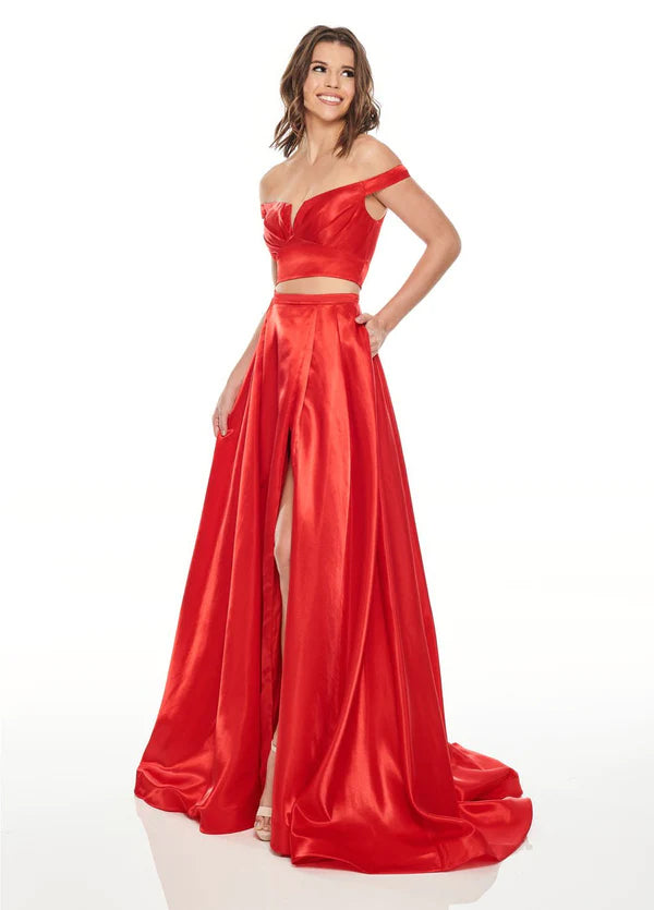 Rachel Allan 7185 Red Off the Shoulder 2 Piece Satin Dress with Slit