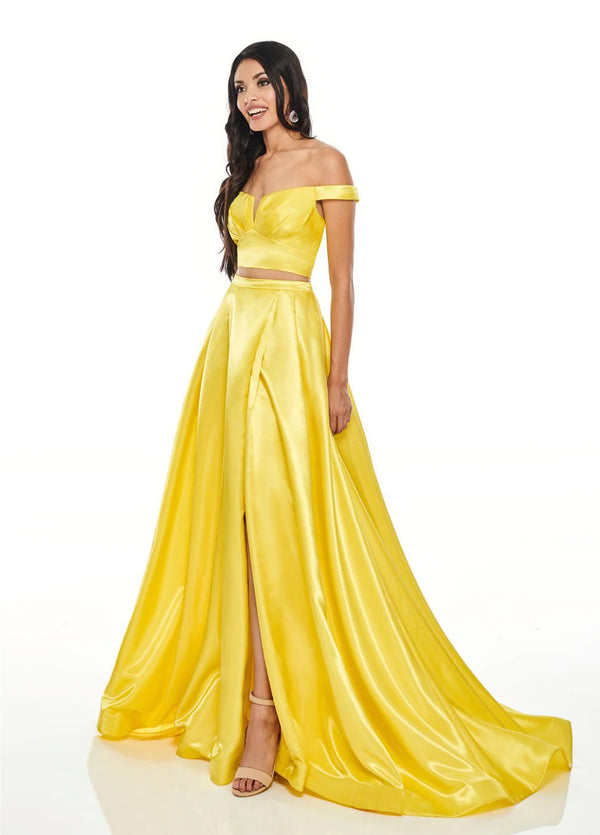 Rachel Allan 7185 Yellow Off the Shoulder 2 Piece Satin Dress with Slit