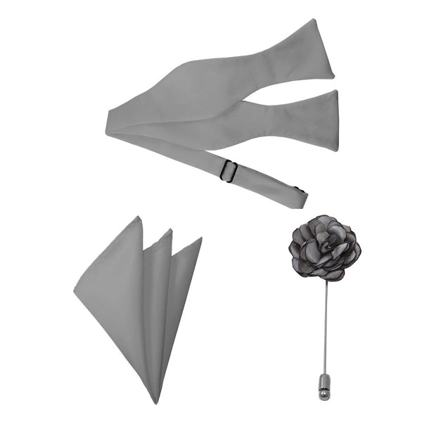 Silver Bow Tie, Pocket Square & Lapel Pin Set