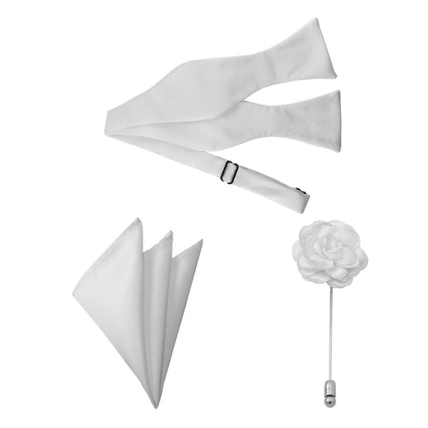 White Bow Tie, Pocket Square & Lapel Pin Formal Accessory Set