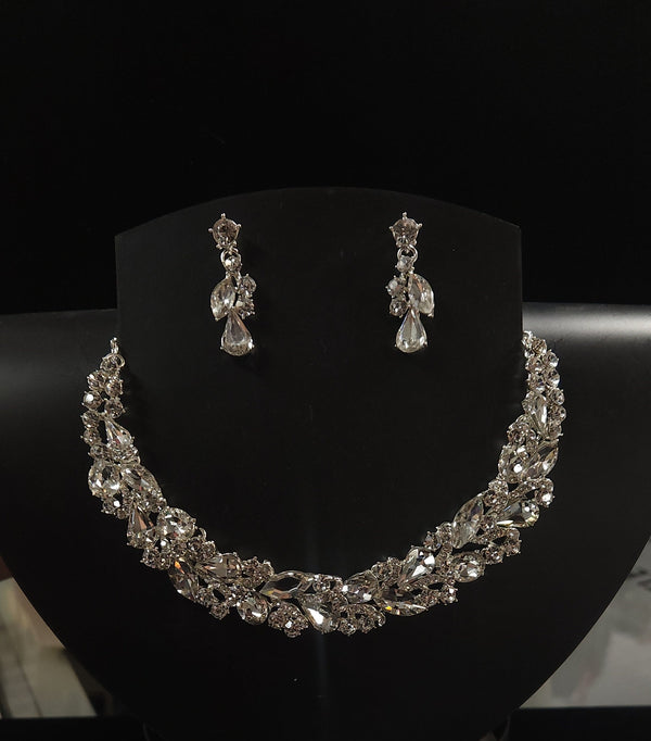Multi Stone Cluster Crystal Rhinestone Silver Necklace and Earring Set