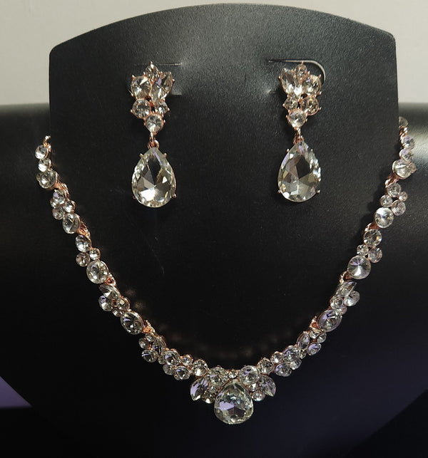 Crystal Cluster Rhinestone Rose Gold Necklace and Earring Set