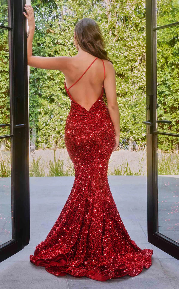 Portia & Scarlett PS22350 Sequin Fit-n-Flare One Shoulder Dress with Open Back - Red, Light Blue, Blush Pink