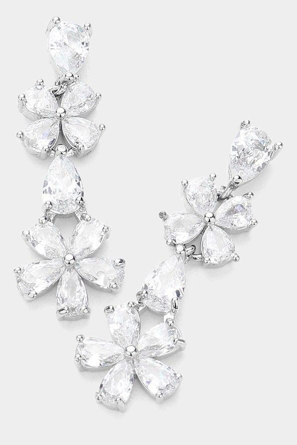 Flower Cubic Zirconia Stone Pointed Link Dangle Silver Earring
