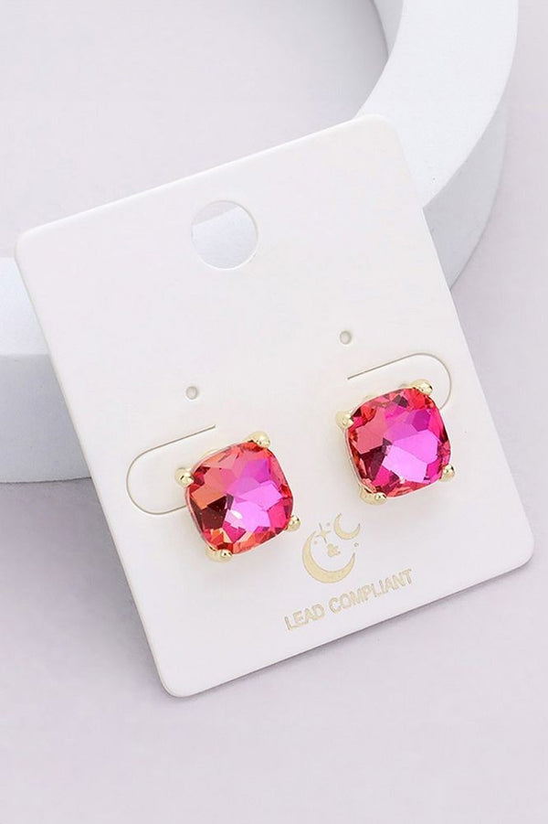 Cushion Square Stone Stud Earrings - Rose Pink, Fuchsia, Lavender AB, Blue AB, or Blue Violet
