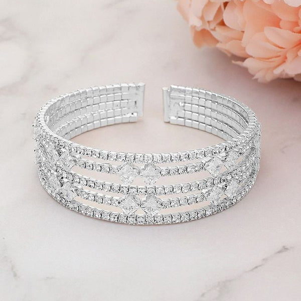 Square Cut Cubic Zirconia Stone Accented Cuff Bracelet