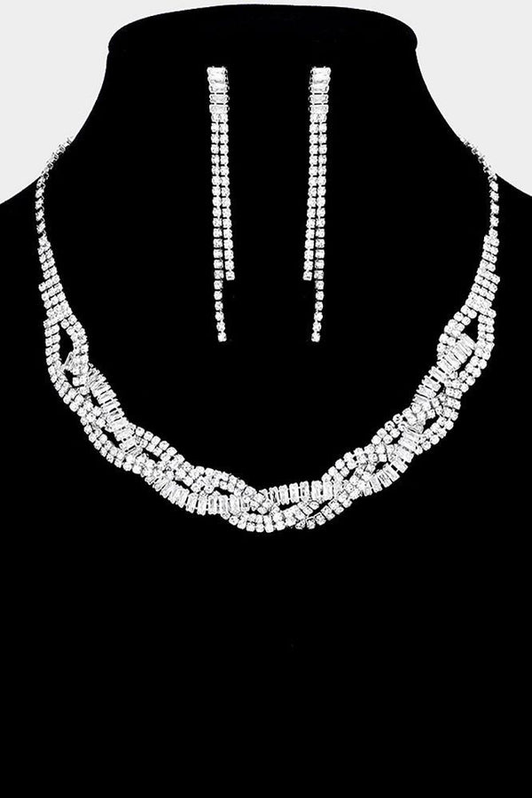 Cubic Zirconia Pave Braided Silver Necklace and Earring Set