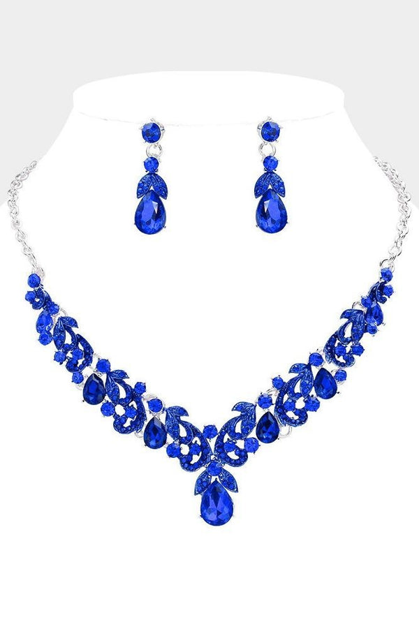 Sapphire Blue Teardrop Leaf Cluster Necklace and Earring Set